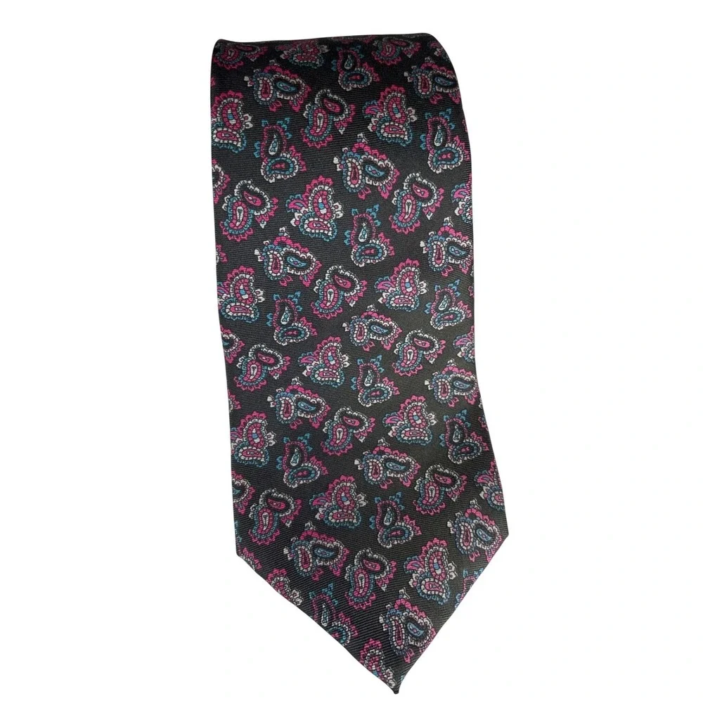 Oscar de la Renta Couture Mens Paisley Silk Tie Black Pink Blue Geometric Design